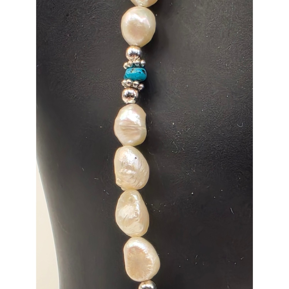 Freshwater Baroque Pearl Necklace Turquoise Accents Silver Tone 18 Inch Beaded - Picture 2 of 4